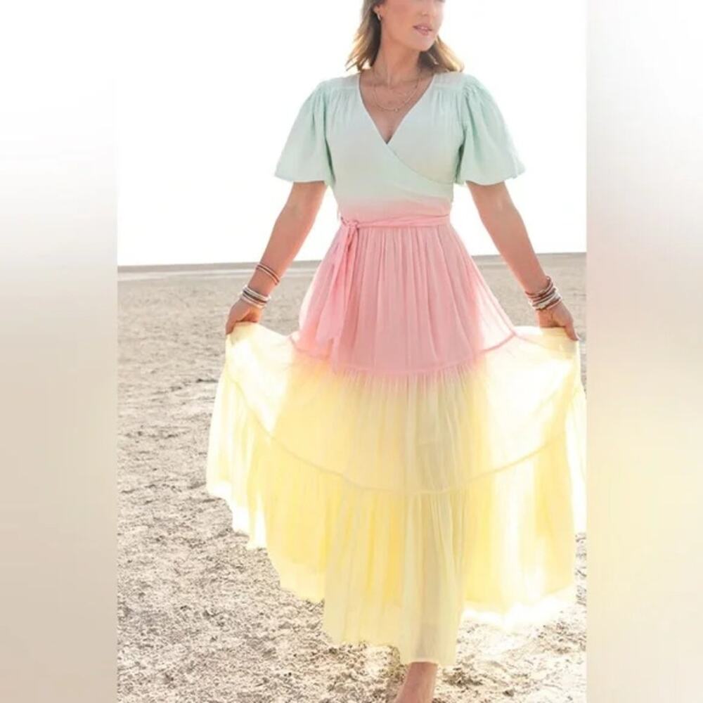 Ivy City Co Sunrise Maxi Dress Pastel Ombre Tiered Surplice Flutter Sleeve SZ XL